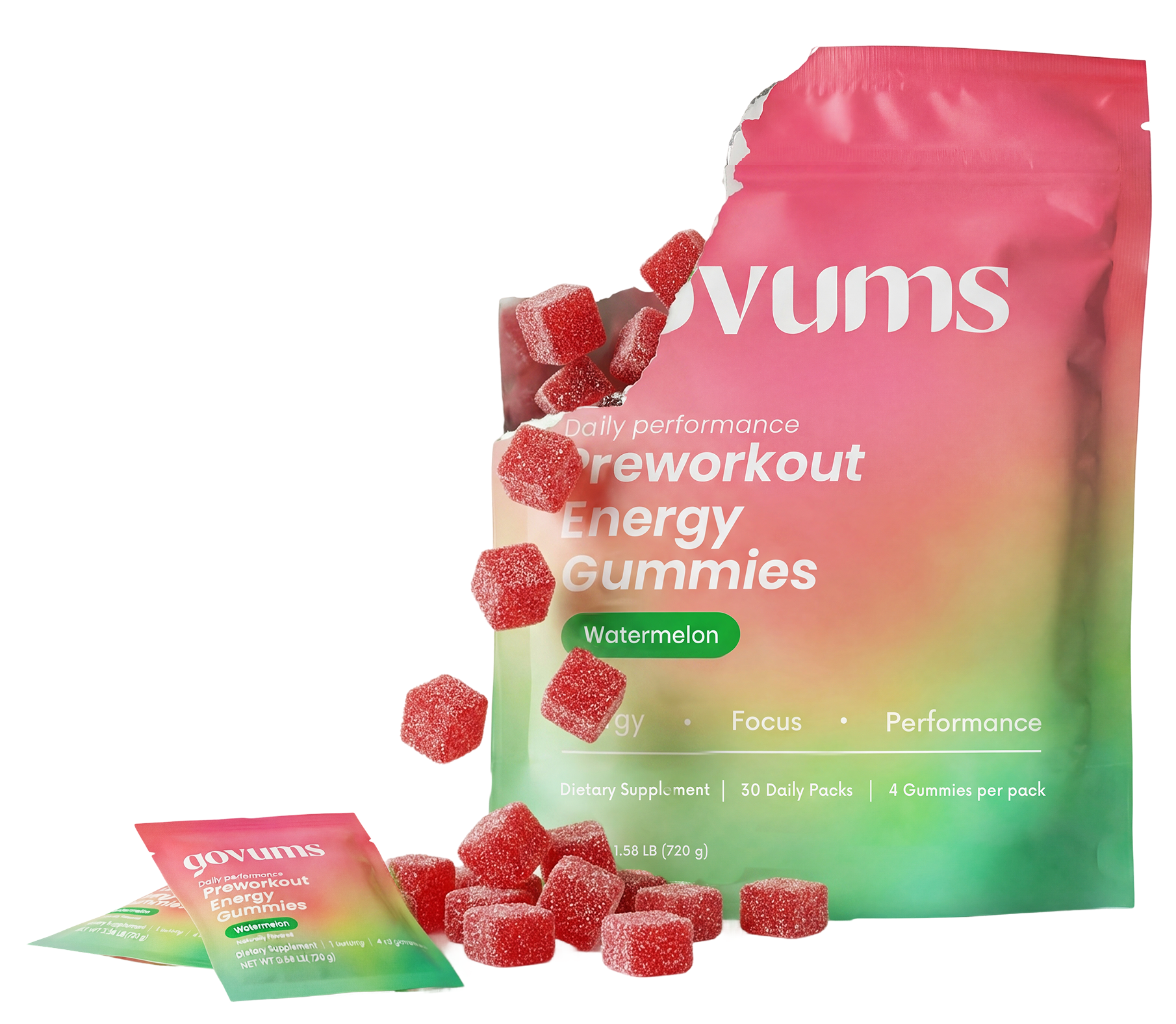 Govums energy gummies pouch with gummies and single-serve packs spilling out