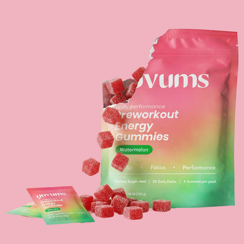 Govums energy gummies packaging with gummies on a pink background