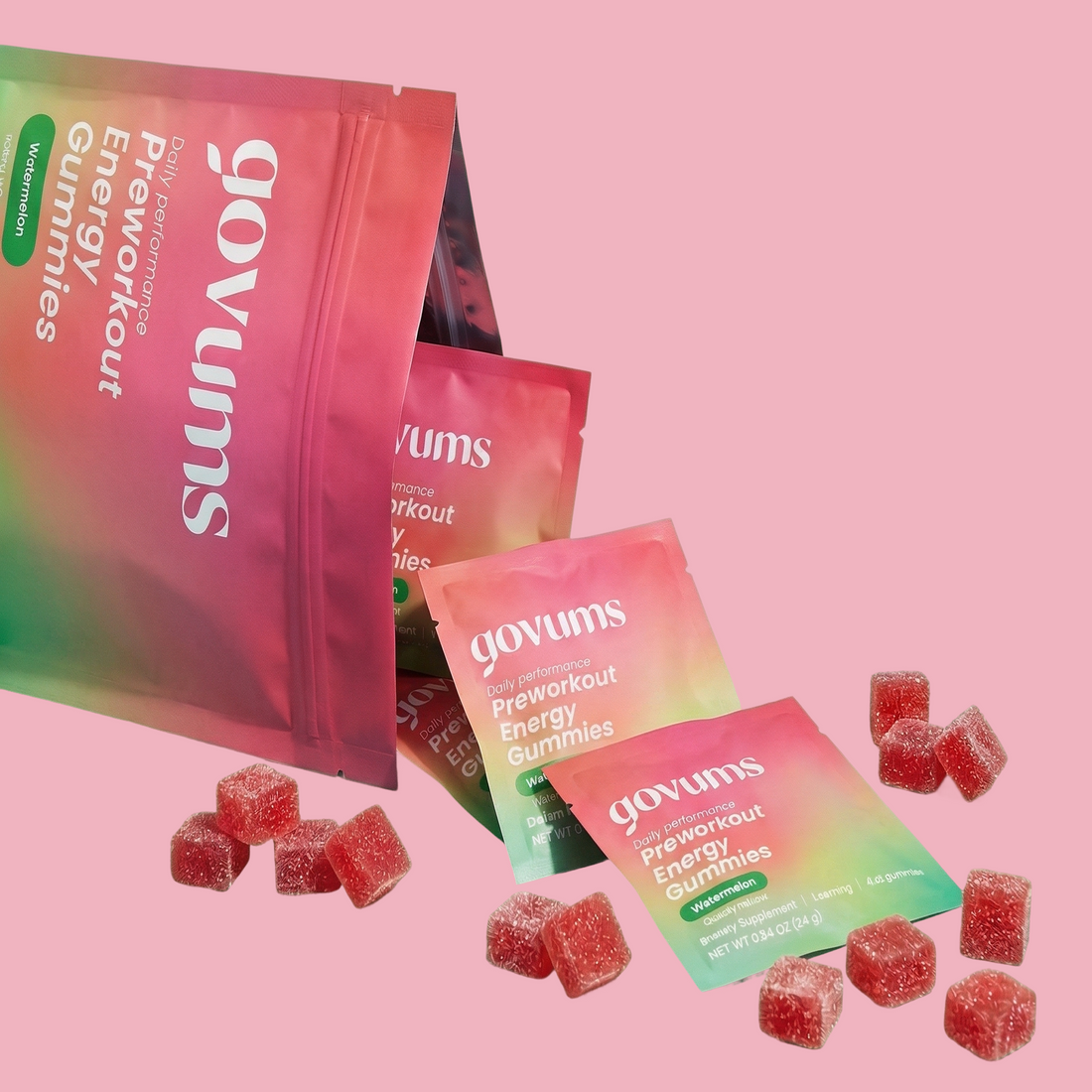 Govums preworkout energy gummies packaging and gummies on a pink background