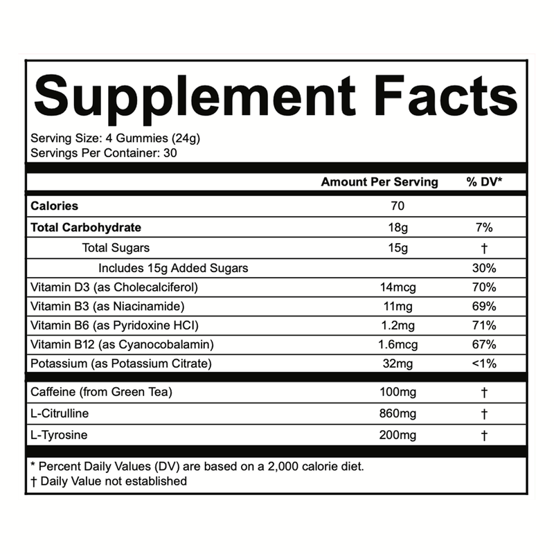 Govums Supplement Facts panel. Serving size 4 gummies. 100mg caffeine from green tea, 860mg L-Citrulline, 200mg L-Tyrosine, vitamins D3, B3, B6 and B12.