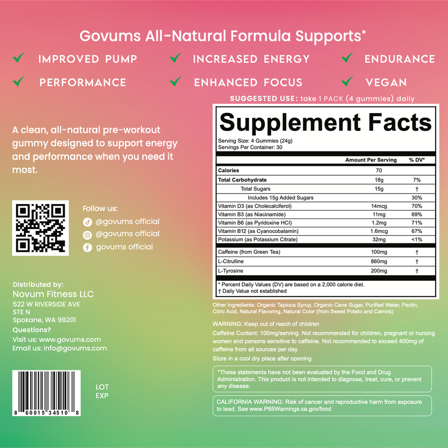 Govums pack back panel: complete Supplement Facts box, suggested use take 1 pack of 4 gummies daily